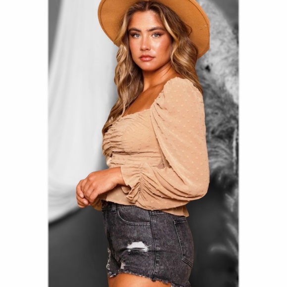 Peach Love Taupe Swiss Dot Ruched Bust Ruffle Hem Long Sleeve Smocked Blouse - Picture 4 of 7